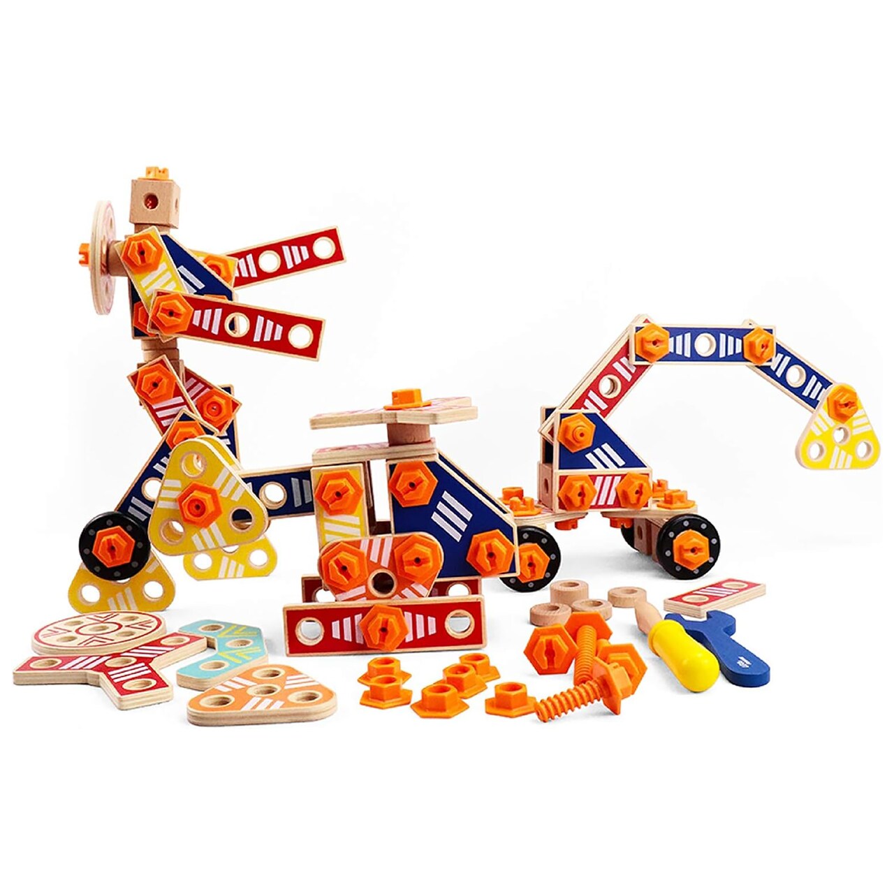 LEO & FRIENDS: Wooden Builder Construction Set - 72-Piece Colorful Set - Design & Build, Open Ended Playset, Gears & Bolds, Toy Tools, Kids Ages 3+